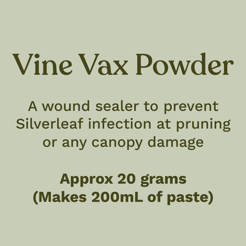 Vine Vax Powder. A wound sealer to prevent Silverleaf infection at pruning or any canopy damage. Approximately 20 grams. Makes 200ml of paste.